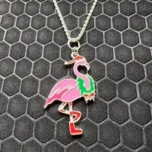 Flamingo Christmas Necklace Pink and Red 18K White Gold Plated